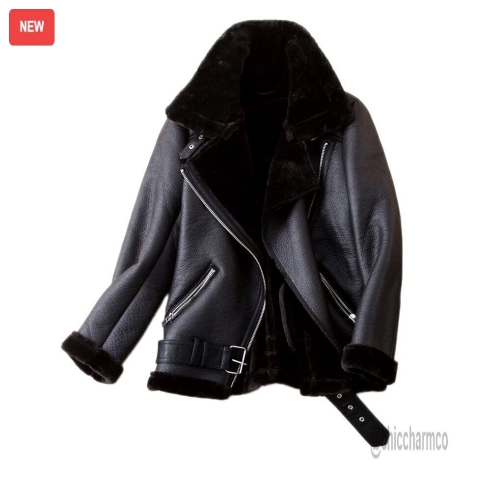 Faux Shearing Moto Jacket Thick Lined Parka Winter Shearling Coat Leather Style